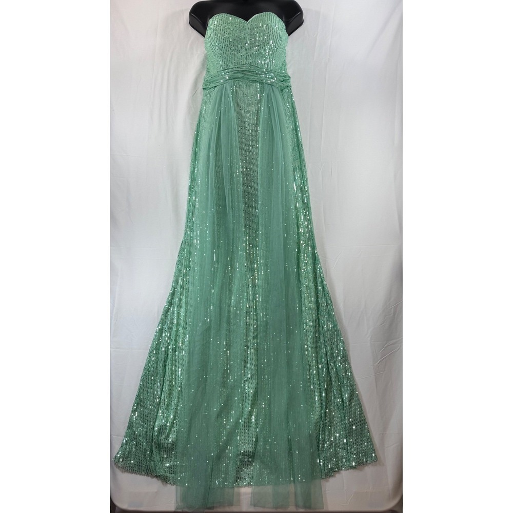 Toleen Mint Green Sequin Strapless Gown Sweetheart Tulle Overlay Formal Dress L